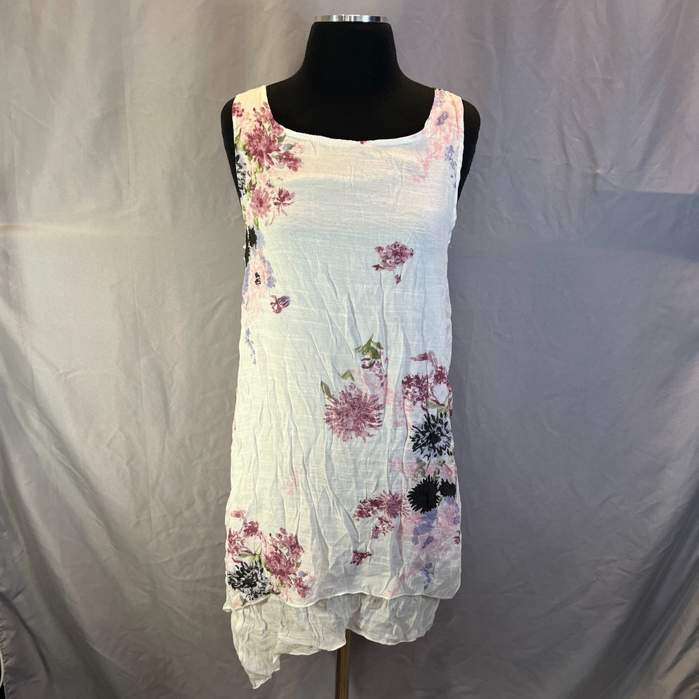 Second Female Shift Dress Womens XL Beige Floral Asymmetric Hi Low Hem Festival